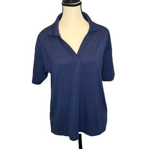 MERCER+METTLE Women's BLUE Stretch Moisture Wick Jersey Polo Sz M Travel Preppy